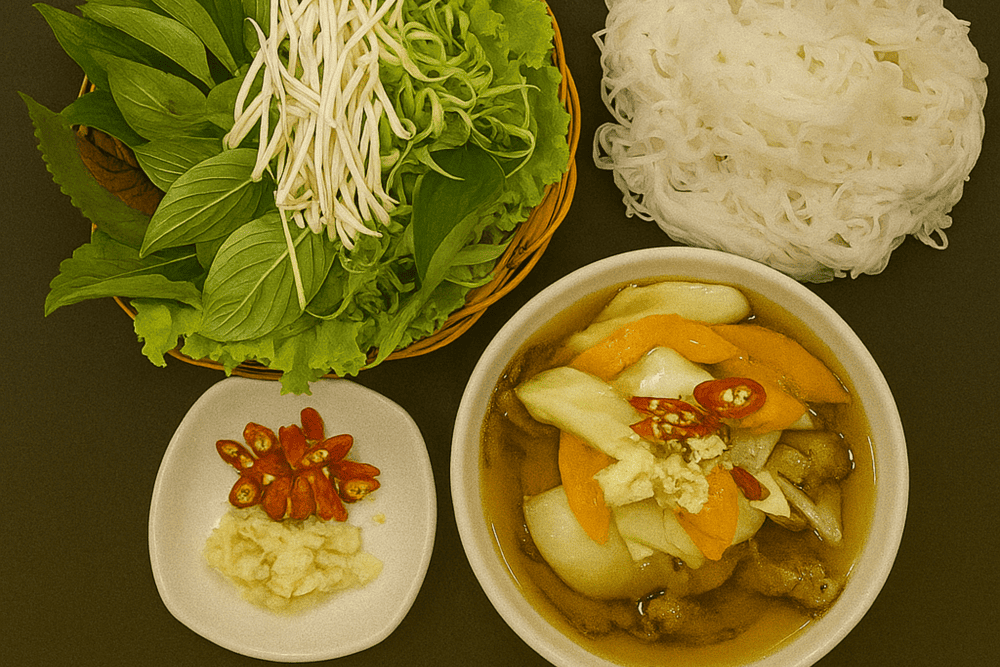 The bun cha is prepared in true Hanoi style, from the dipping sauce to the grilled pork and crispy spring rolls